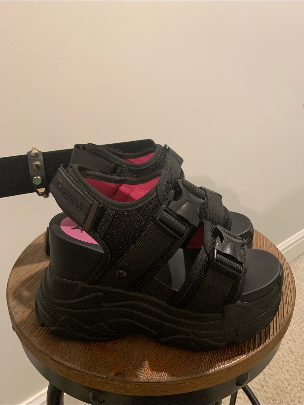 Chunky Black Platform Sport Sandals with Pink Insole with bracelet